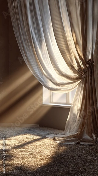 Fototapeta Sunlight streams through sheer curtains onto textured floor