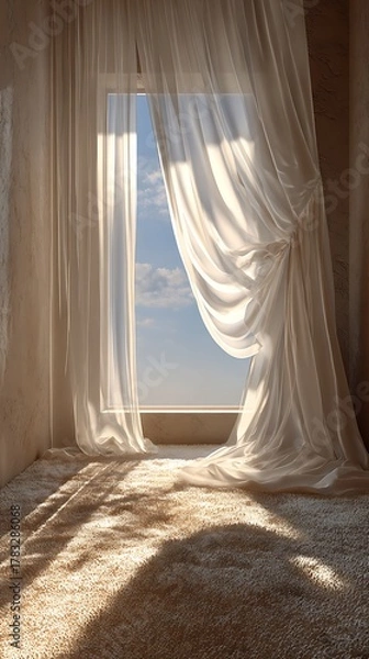 Fototapeta Sunlight streaming through sheer curtains onto a textured floor