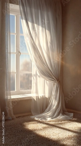 Fototapeta Sunlight streams through sheer curtains by a window