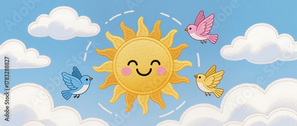 Fototapeta Embroidered smiling sun with colorful bird friends flying in cute blue sky with puffy cloud background