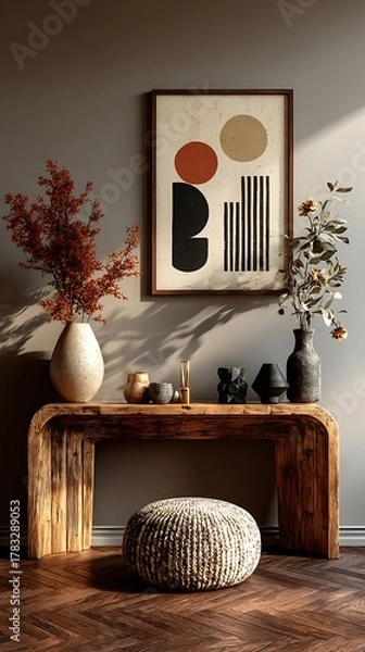 Fototapeta Modern abstract art above a rustic wooden console table