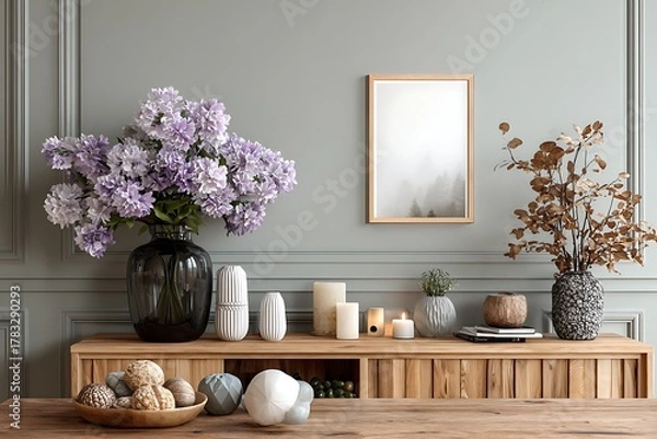 Fototapeta Elegant console table display with flowers and mirror
