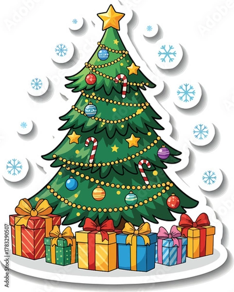 Fototapeta Decorated cartoon christmas tree with glowing string lights, colorful baubles, stars, candy canes, and festive gift boxes at base, with snowflakes surrounding it Vector