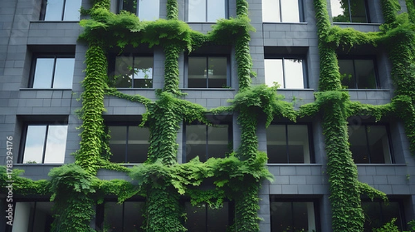 Fototapeta moss covered modern building facade ,architectural design with lush vertical garden and stone texture