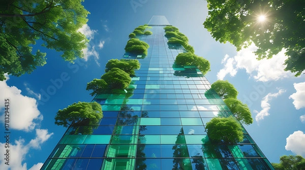 Fototapeta Low Angle View of Modern Glass Skyscraper with Green Trees, Contemporary sustainable Eco Architecture Reflecting Blue Sky and Clouds