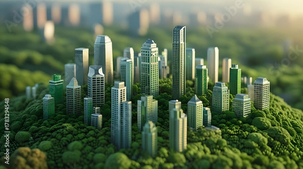 Fototapeta Miniature Futuristic City on Lush Green Forest, Eco  friendly Urban Landscape with Modern Skyscrapers and Sustainable Architecture