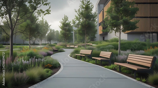 Fototapeta Urban Park with Wooden Benches and Greenery, Curved Pathway, Contemporary Architecture, and Serene Landscape Design