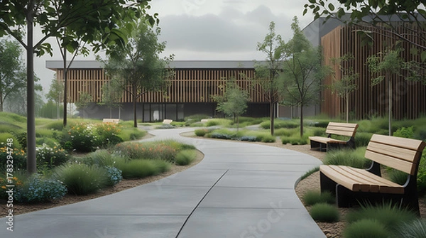 Fototapeta Urban Park with Wooden Benches and Greenery, Curved Pathway, Contemporary Architecture, and Serene Landscape Design