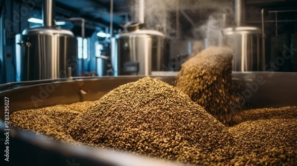 Obraz Golden Malt Grains Pouring into Brewing Vat with Steam in Industrial Production Facility
