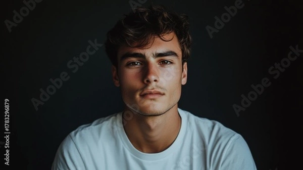 Obraz Intense Portrait of Young Man with Dark Hair and Dramatic Side Lighting