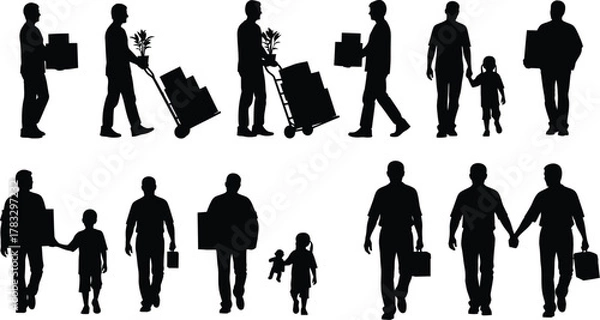 Fototapeta Silhouettes of people moving, carrying boxes, pushing carts, and walking with children diverse group of individuals in motion