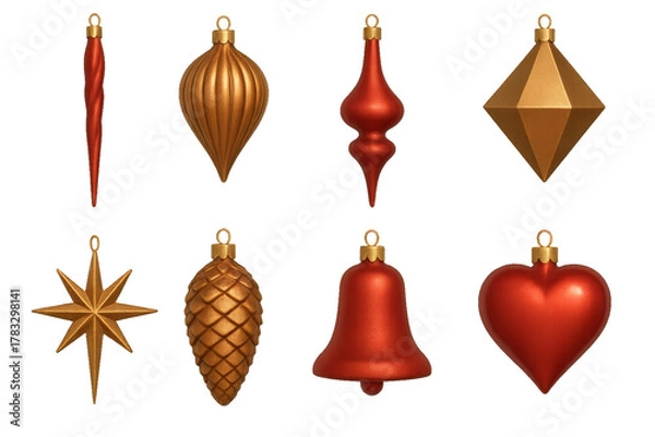 Fototapeta Shiny red and gold Christmas ornaments arranged on a white background for festive decoration ideas