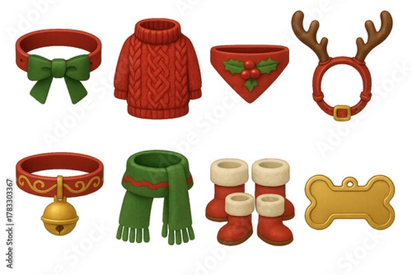 Obraz Holiday-themed pet accessories including sweaters, collars, and festive hats for a fun celebration