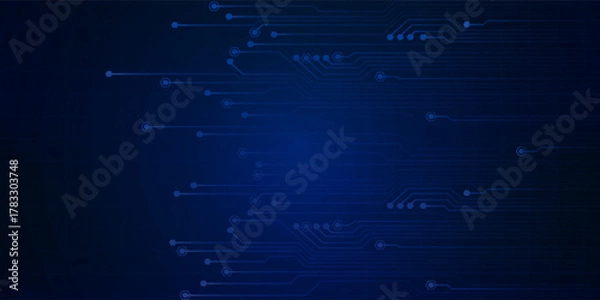 Obraz Abstract AI circuit board background. Technology connected blue lines with electronics elements on tech bg. Computer motherboard with a chip, processor, and semiconductor.