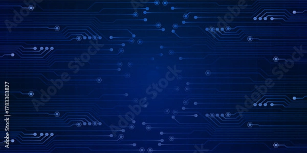 Obraz Abstract AI circuit board background. Technology connected blue lines with electronics elements on tech bg. Computer motherboard with a chip, processor, and semiconductor.
