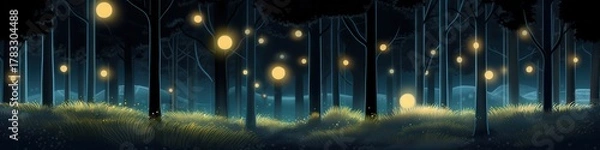 Fototapeta A serene nighttime forest scene illuminated by glowing orbs, surrounded by tall trees and lush grass.