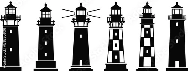 Obraz Lighthouse silhouette set, black vector icons, coastal architecture, beacon towers, marine design, nautical theme, navigation aid, flat illustration, sea structure