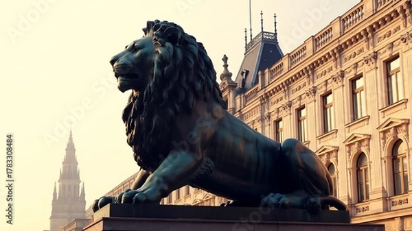 Fototapeta Lion statue in munich, germany, with a building and tower in the background