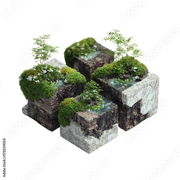 Obraz Cubes topped with moss, flowers, and tiny trees
