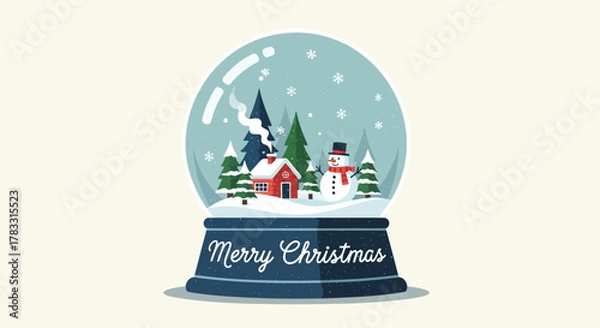 Fototapeta Charming christmas snow globe featuring a cozy red cabin a friendly snowman and snow covered pine trees under falling snowflakes