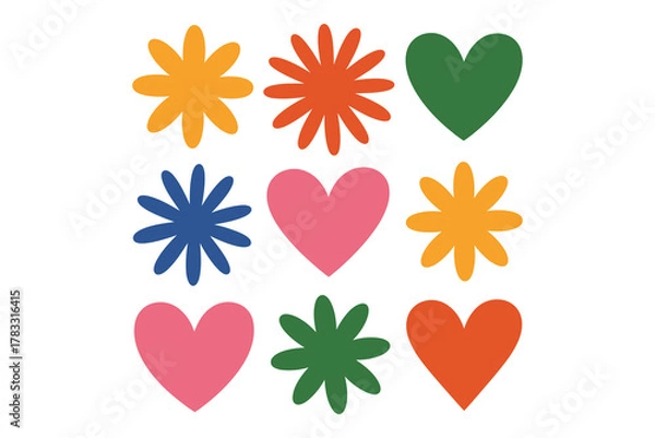 Fototapeta Colorful Heart Burst Star Icon Set – Modern Retro Love and Celebration Embellishment Vector Collection