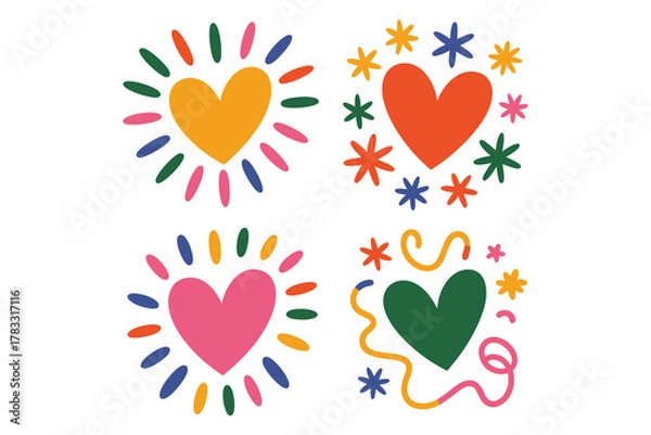 Fototapeta Colorful Heart Burst Icon Set – Playful Party Star, Swirl & Retro Sparkle Modern Love Vector