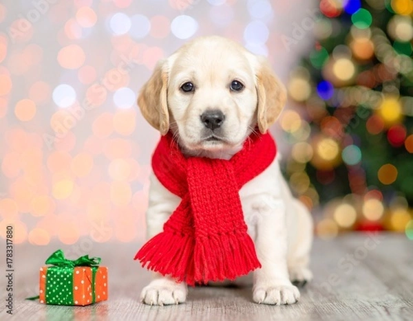 Obraz A cute puppy in a festive scarf sits beside a gift radiating holiday cheer.