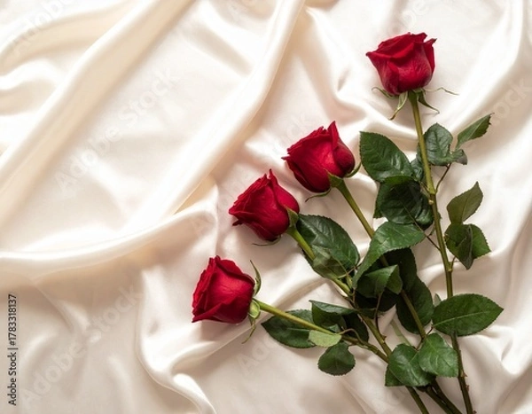 Obraz A delicate arrangement of red roses on smooth satin symbolizing love and romance.