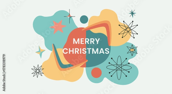 Fototapeta Retro mid century modern merry christmas greeting card with abstract shapes and atomic stars
