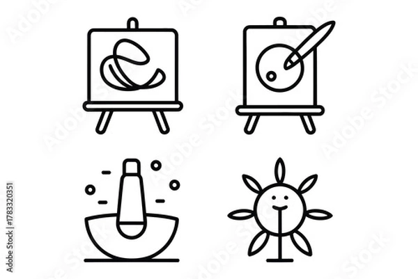 Fototapeta Abstract Art Painting Icon Set Line Art Canvas, Easel, Brush, Sun Doodle, Minimalist Creative Vector Collection