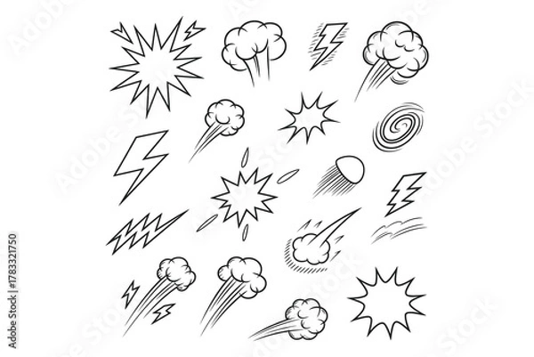 Fototapeta Hand Drawn Comic Burst Icon Set Zap, Explosion, Smoke Cloud, Swirl, Speed Line, Sketch Impact Doodle Vector