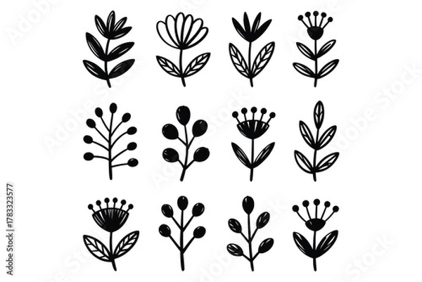 Fototapeta Hand Drawn Floral Icon Set Black Botanical Doodle Flowers, Silhouette Leaves, Simple Plant Twig, Decorative Branch Vector Collection