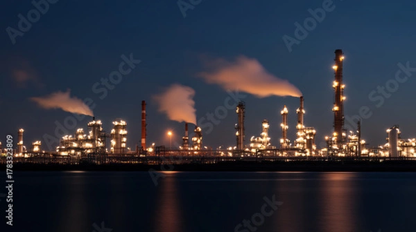 Obraz The illuminated industrial complex at night presents a striking contrast between human industry and the natural world, highlighting energy production and infrastructure.