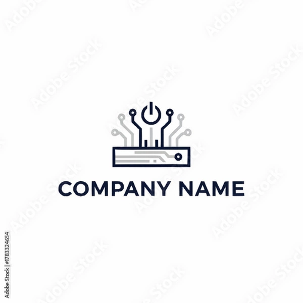 Fototapeta Modern Technology Logo Design Featuring Circuit Board and Power Button.