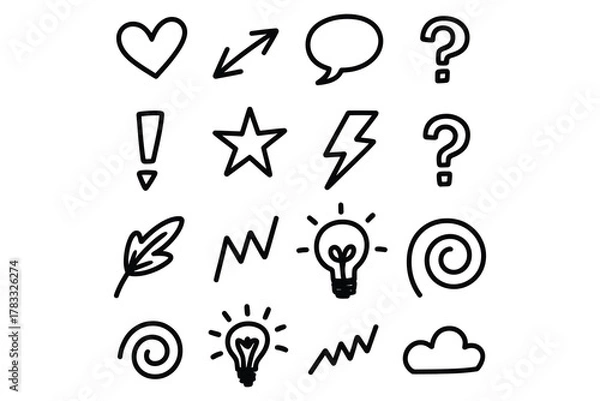 Fototapeta Hand Drawn Doodle Icon Set Arrow, Heart, Star, Lightning, Lightbulb, Swirl, Exclamation, Question, Cloud, Minimal Sketch Symbol Vector