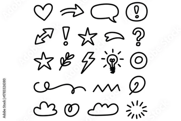 Fototapeta Hand Drawn Doodle Icon Set – Arrow, Heart, Star, Lightning, Lightbulb, Swirl, Cloud, Sun, Speech, Leaf, Minimal Sketch Symbols