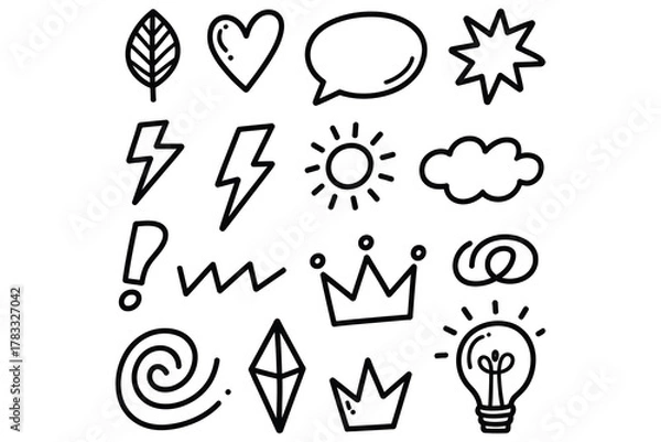 Fototapeta Doodle Icon Set Hand Drawn Star, Crown, Lightning, Heart, Leaf, Speech, Sun, Cloud, Swirl, Lightbulb, Exclamation Vector Sketch Symbols