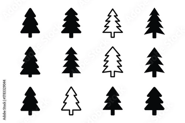 Fototapeta Minimal Christmas Tree Icon Set Solid & Outline Black Pine, Fir, Spruce Silhouette Vector Collection