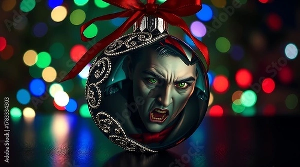 Fototapeta A spooky vampire ornament hangs against a backdrop of colorful christmas lights, blending horror and holiday cheer chirstmas