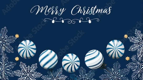 Fototapeta Festive merry christmas greeting card with blue and white striped ornaments and snowflakes on a dark blue background