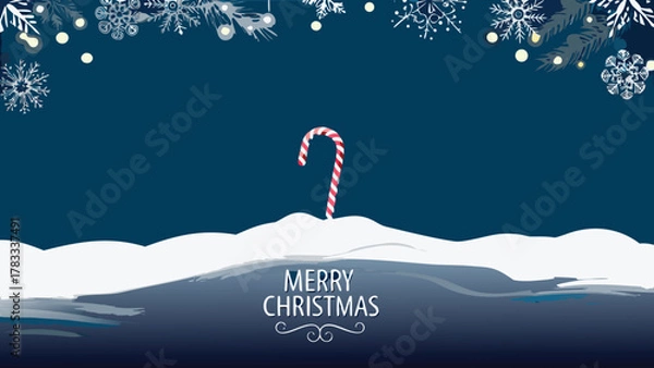 Fototapeta Festive merry christmas greeting card with a candy cane peeking out of the snow and snowflakes and lights above
