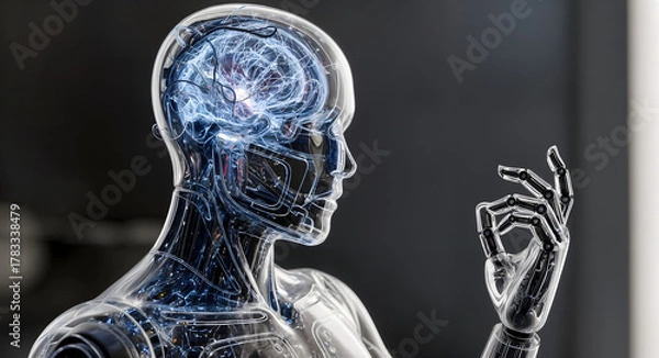 Obraz Transparent humanoid robot showing neural network and making OK gesture