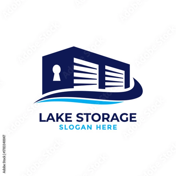 Obraz Lake with storage logo design template. Safe storage garage vector illustration. With concept of padlock and garage symbol combination.