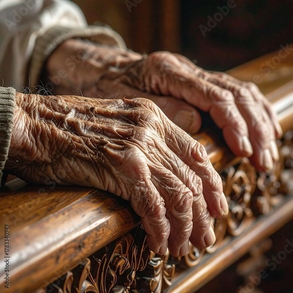Obraz Close-up of elderly hands resting on ornately carved wooden railing, showing age and texture