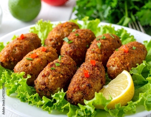 Obraz Close-up of eight delicious meatballs served on a bed of lettuce with lemon