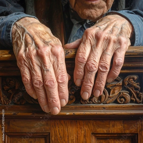 Obraz Close-up of elderly hands resting on ornately carved wooden surface