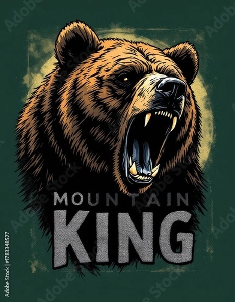 Obraz Fierce roaring grizzly bear head illustration with Mountain King text, vector style mascot design on green background.