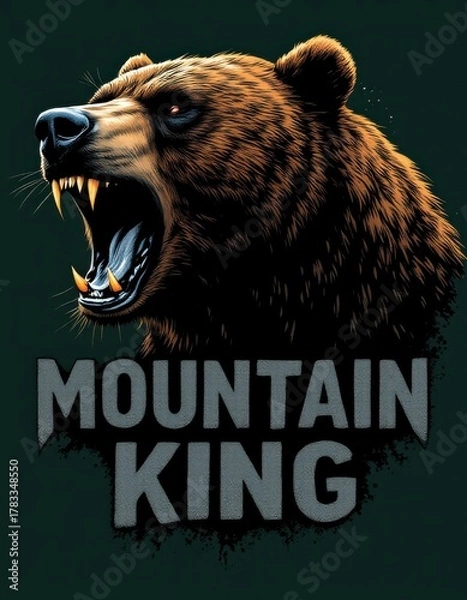 Obraz Fierce roaring grizzly bear head illustration with Mountain King text, vector style mascot design on green background.