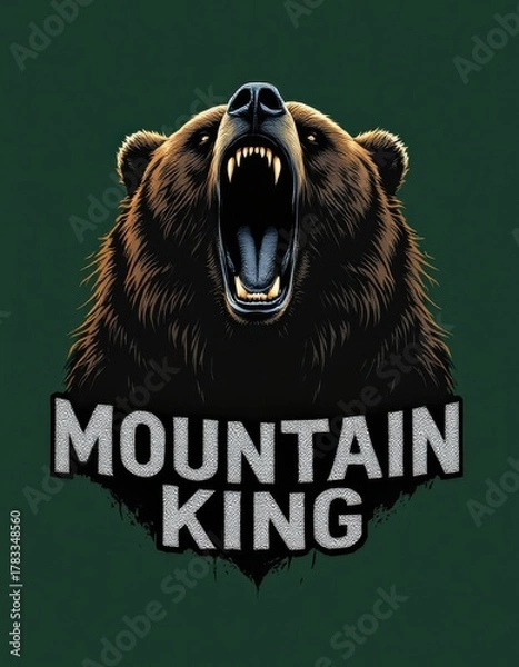 Obraz Fierce roaring grizzly bear head illustration with Mountain King text, vector style mascot design on green background.