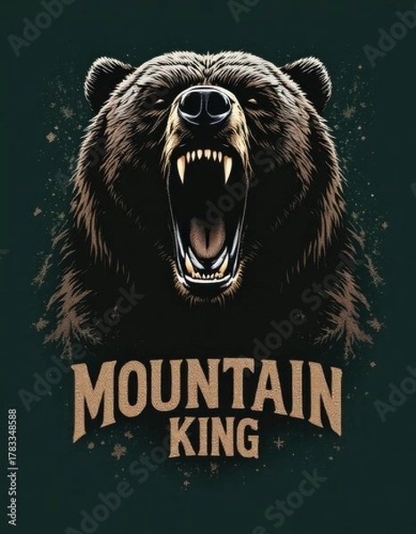 Obraz Fierce roaring grizzly bear head illustration with Mountain King text, vector style mascot design on green background.